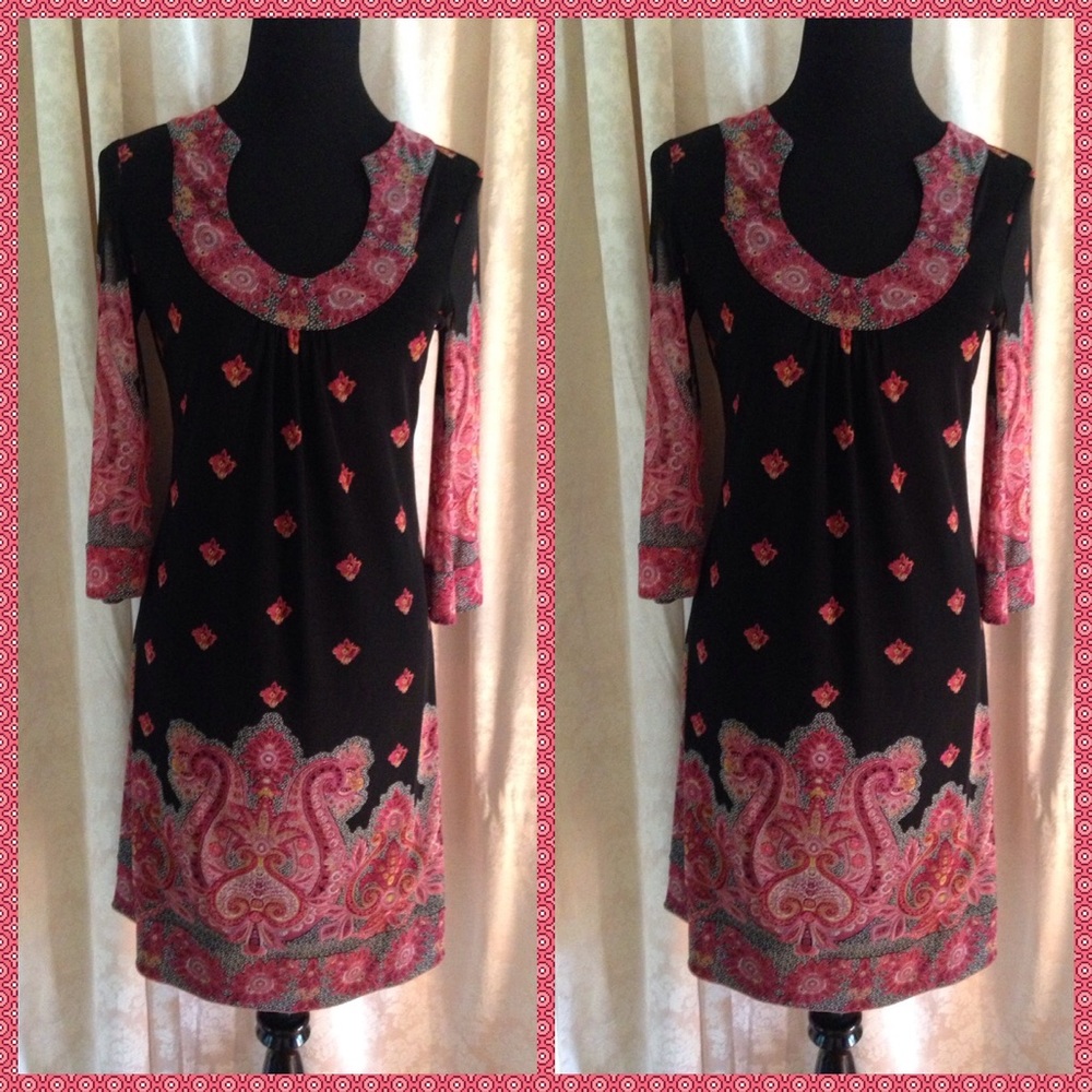 INC Black and Pink Paisley Sheer Sleeve Dress